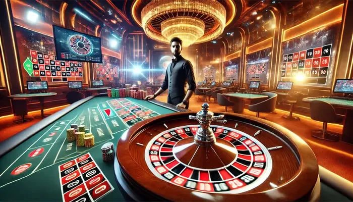 Suasana studio Live Casino nio108 dengan pencahayaan profesional dan dealer berpengalaman